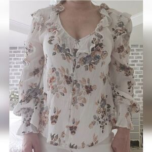 American Rag Floral Ruffle Button Up Peasant Relaxed Fit Top Women's Medium Boho